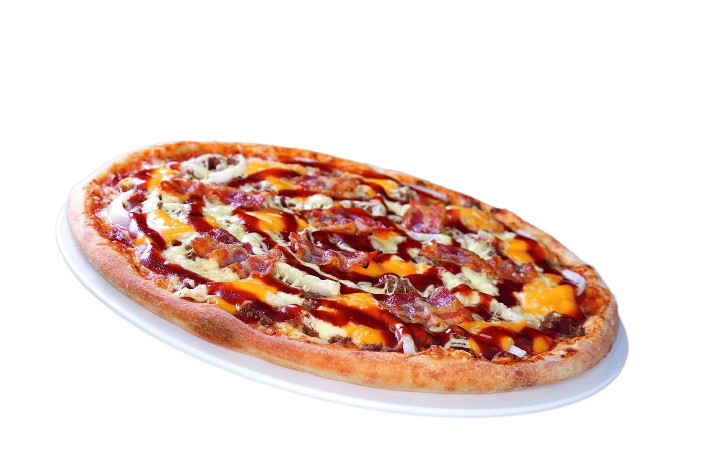 Pizza Six-Dream mit BBQ-Sauce, Rinderhack und Rinder-Bacon